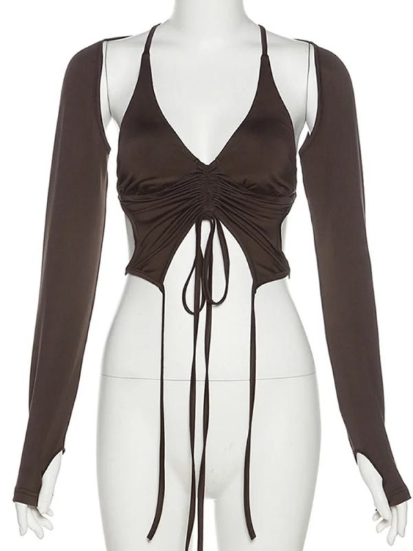 Mocha Ruched Tie-Up Top - Y2K Fashion Essential for Summer Outfits