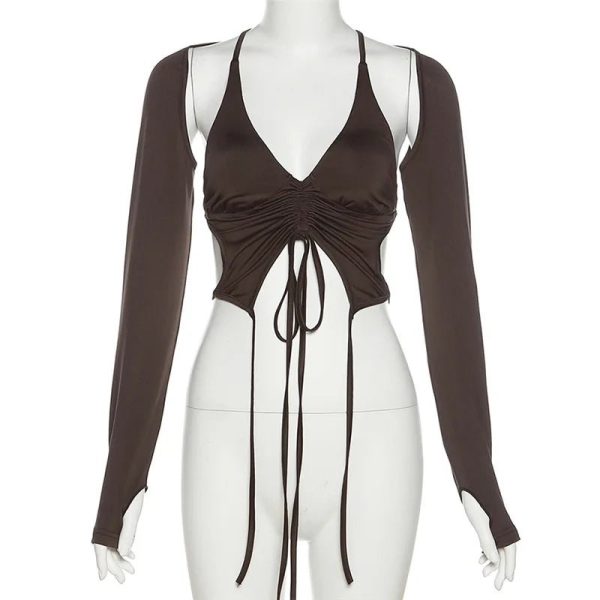 Mocha Ruched Tie-Up Top - Y2K Fashion Essential for Summer Outfits