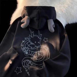 Mystic Dragon Hoodie with Horns - Y2K Grunge Aesthetic Fashion Statement