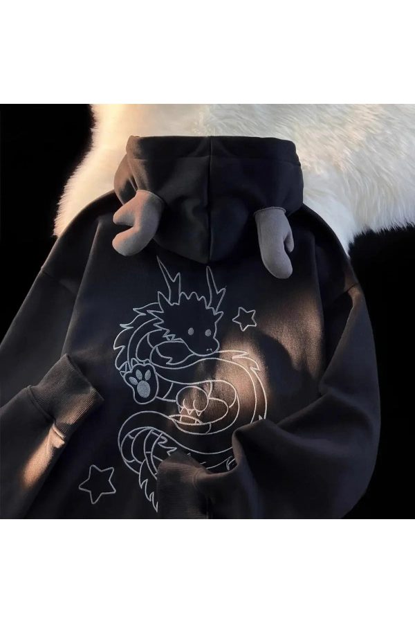 Mystic Dragon Hoodie with Horns - Y2K Grunge Aesthetic Fashion Statement