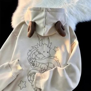 Mystic Dragon Hoodie with Horns - Y2K Grunge Aesthetic Fashion Statement