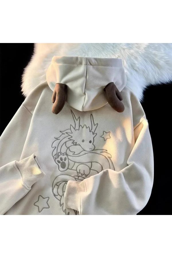 Mystic Dragon Hoodie with Horns - Y2K Grunge Aesthetic Fashion Statement