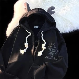 Mystic Dragon Hoodie with Horns - Y2K Grunge Aesthetic Fashion Statement