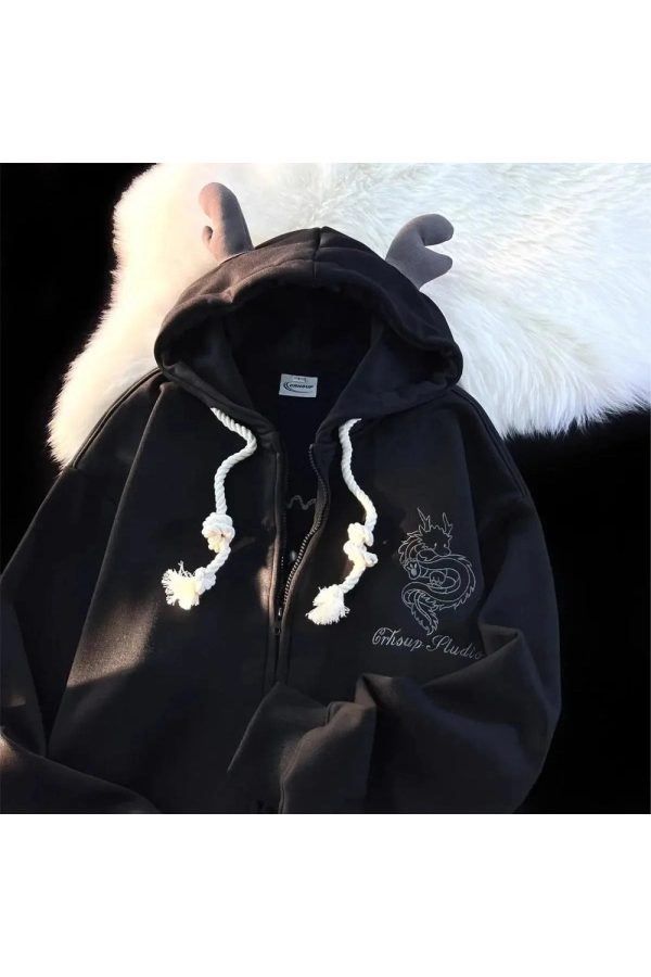 Mystic Dragon Hoodie with Horns - Y2K Grunge Aesthetic Fashion Statement