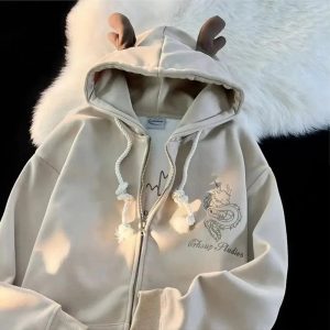 Mystic Dragon Hoodie with Horns - Y2K Grunge Aesthetic Fashion Statement