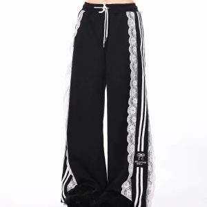 Noir Romance Y2K Track Pants: Grunge Aesthetic for Effortless Style