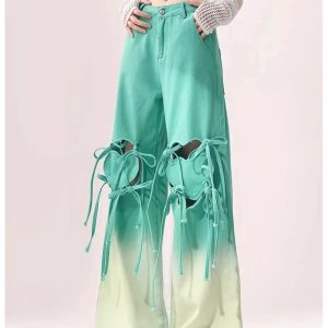 Ombre Cutout Lace-Up Cargo Pants for Y2K Fashion & Grunge Aesthetic