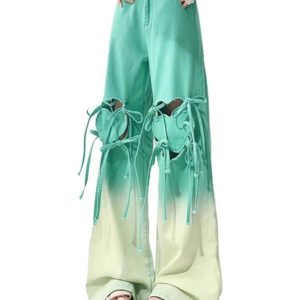 Ombre Cutout Lace-Up Cargo Pants for Y2K Fashion & Grunge Aesthetic