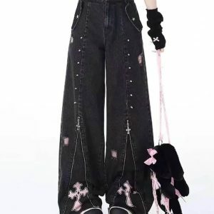 Pastel Goth Y2K Baggy Jeans for a Trendy Grunge Aesthetic Look