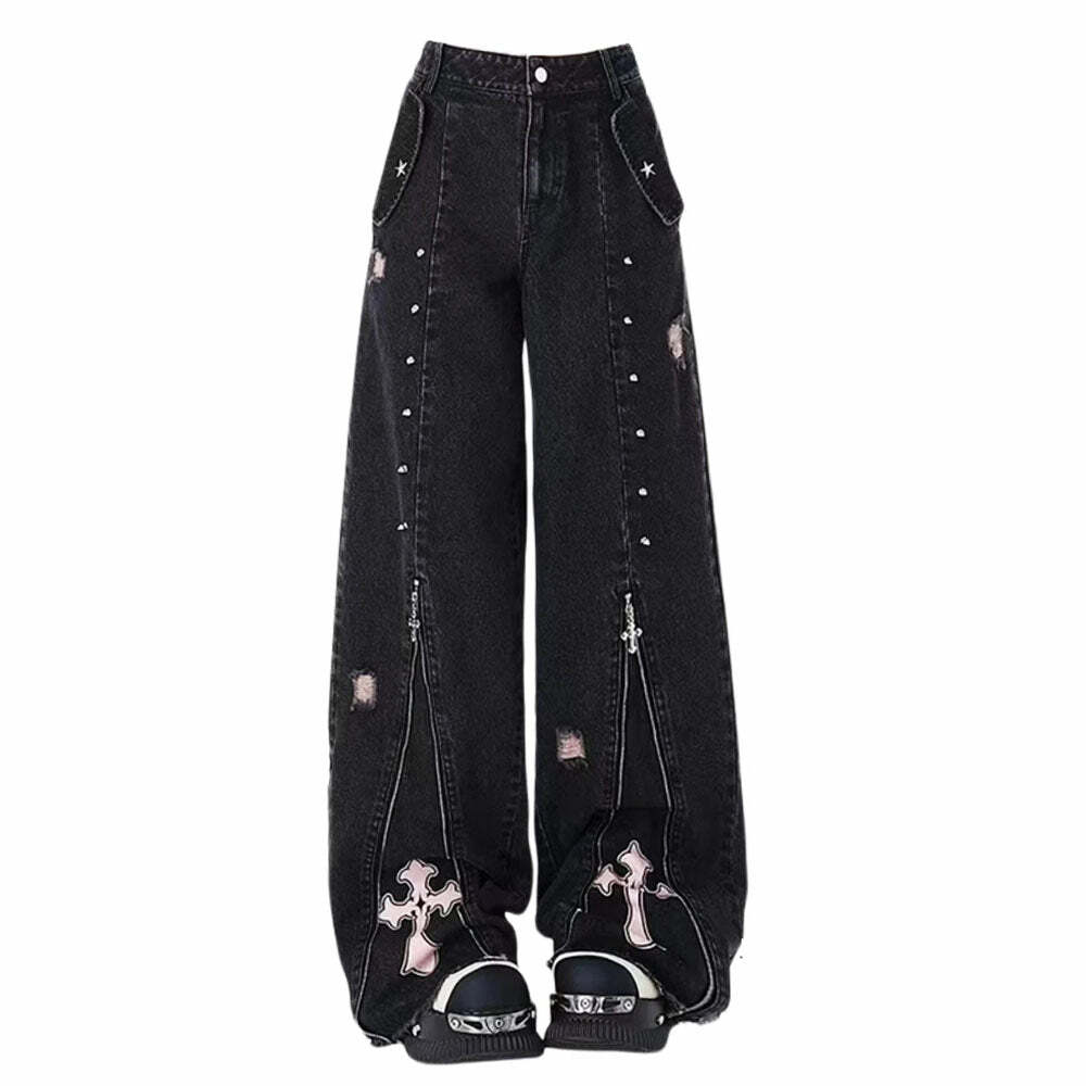 Pastel Goth Y2K Baggy Jeans for a Trendy Grunge Aesthetic Look