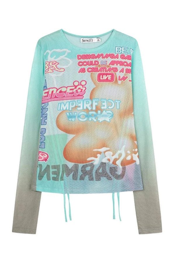 Pastel Y2K Graphic Mesh Top for Trendy Summer Outfits and Aesthetic Looks