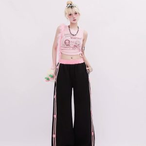 Pink-Trimmed Bow Accent Wide-Leg Cargo Pants for Y2K Fashion Lovers