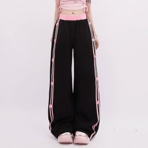 Pink-Trimmed Bow Accent Wide-Leg Cargo Pants for Y2K Fashion Lovers