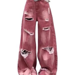 Retro Rose Distressed Baggy Jeans - Y2K Fashion Essential for Summer Outfits