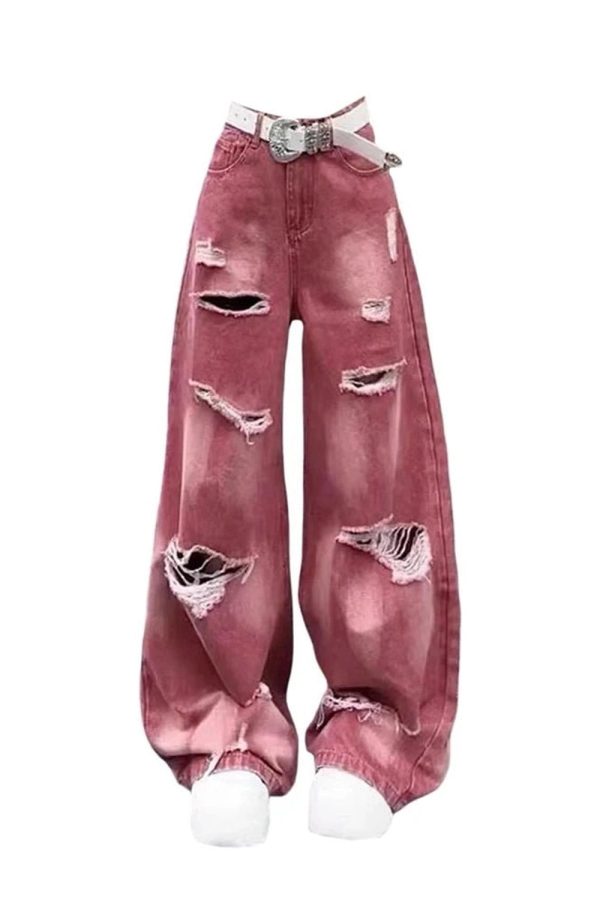 Retro Rose Distressed Baggy Jeans - Y2K Fashion Essential for Summer Outfits