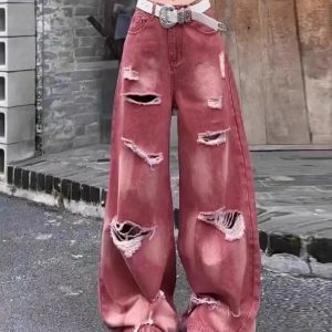 Retro Rose Distressed Baggy Jeans - Y2K Fashion Essential for Summer Outfits