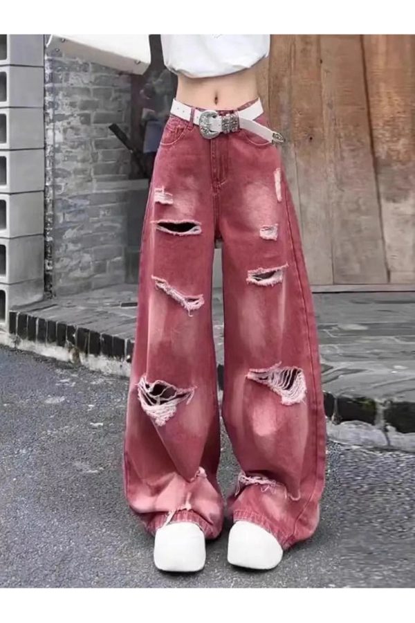 Retro Rose Distressed Baggy Jeans - Y2K Fashion Essential for Summer Outfits