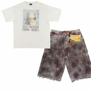 Rhinestone Distressed Denim Shorts & Holy Mother Graphic Tee - Y2K Vibes