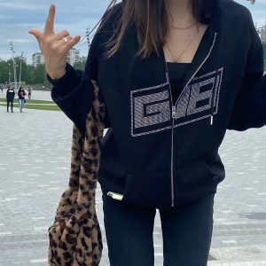 Rhinestone Logo Zip-Up Hoodie: Y2K Fashion Essential for Summer Outfits