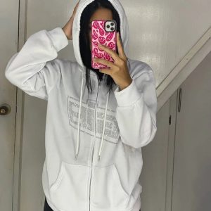 Rhinestone Logo Zip-Up Hoodie: Y2K Fashion Essential for Summer Outfits