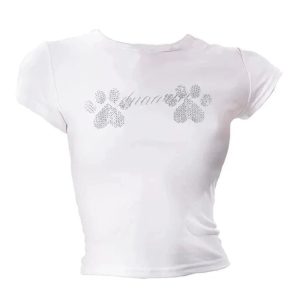 Rhinestone Paw Print Baby Tee - Y2K Aesthetic Summer Outfit Essential