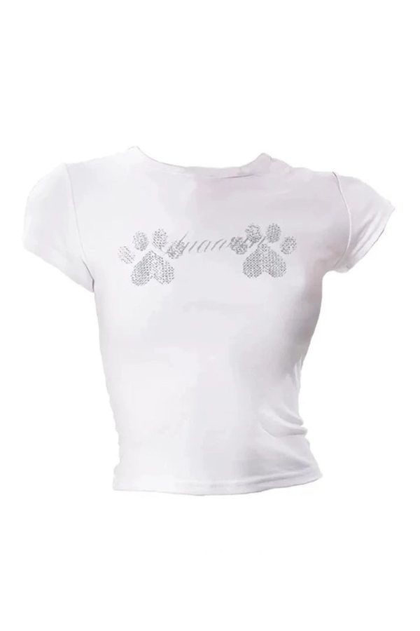 Rhinestone Paw Print Baby Tee - Y2K Aesthetic Summer Outfit Essential