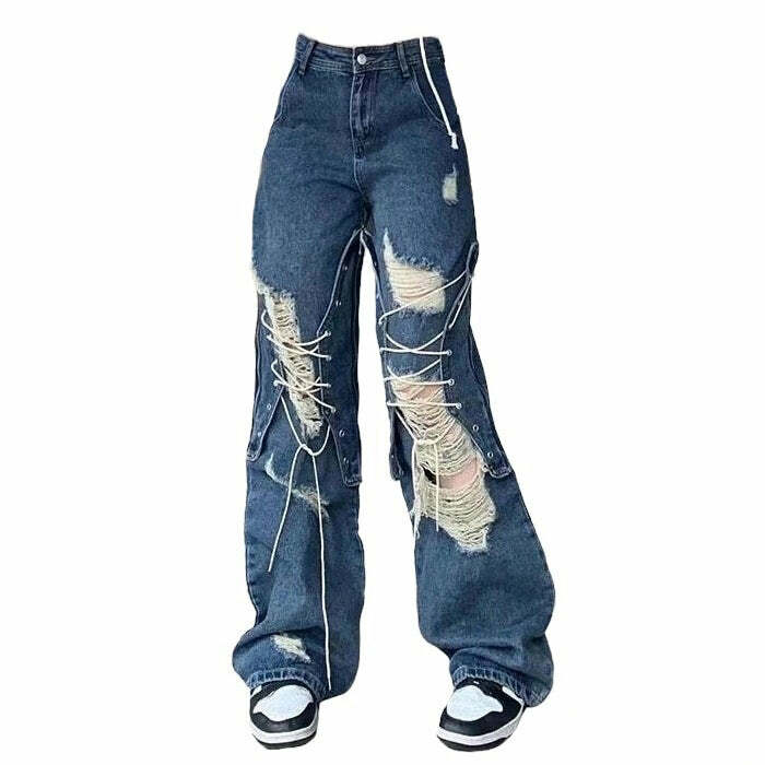 Ripped Lace-Up Baggy Jeans for Y2K Fashion & Grunge Aesthetic Outfits