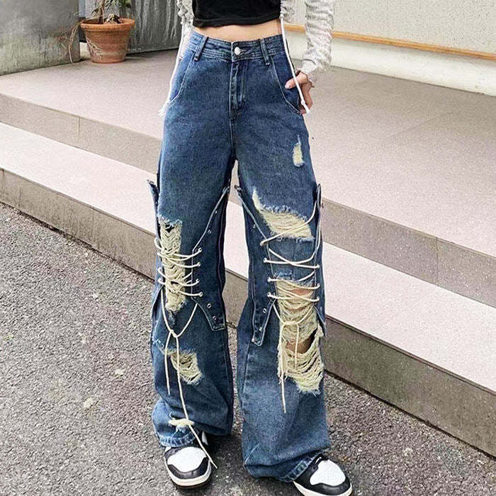 Ripped Lace-Up Baggy Jeans for Y2K Fashion & Grunge Aesthetic Outfits