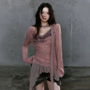 Rustic Dystopia Top: Y2K Aesthetic Grunge Style for Trendy Outfits