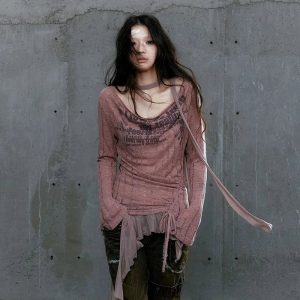 Rustic Dystopia Top: Y2K Aesthetic Grunge Style for Trendy Outfits