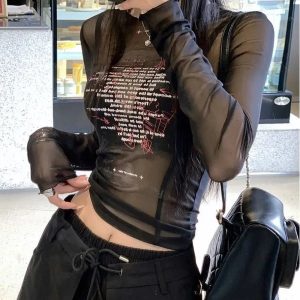 Sheer Black Graphic Mesh Top - Y2K Fashion Essential for Trendy Outfits