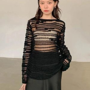 Sheer Striped Knit Top for Y2K Fashion & Summer Outfits