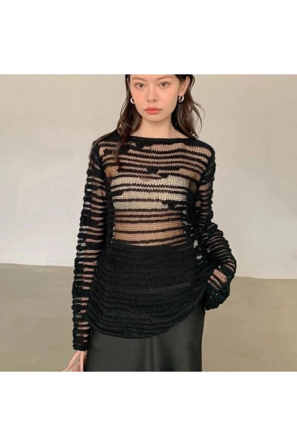 Sheer Striped Knit Top for Y2K Fashion & Summer Outfits