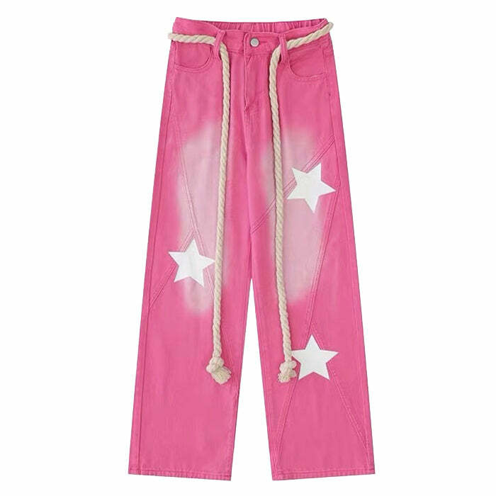 Star Print Y2K Pink Baggy Jeans for Trendy Summer Outfits