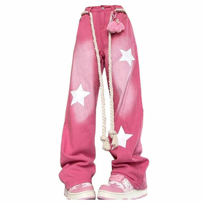 Star Print Y2K Pink Baggy Jeans for Trendy Summer Outfits