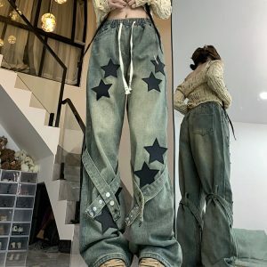 Stargirl Aesthetic Star Patch Wide Leg Jeans for Y2K Fashion Lovers