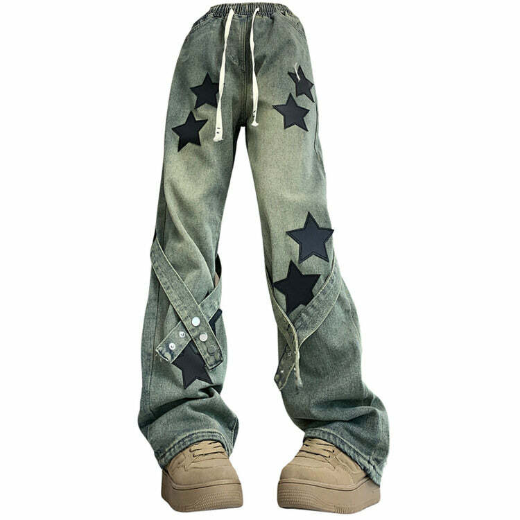 Stargirl Aesthetic Star Patch Wide Leg Jeans for Y2K Fashion Lovers