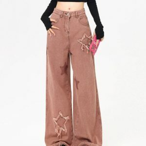 Starry Aesthetic Pink Wide Leg Jeans for Y2K Fashion Lovers