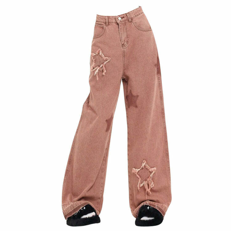 Starry Aesthetic Pink Wide Leg Jeans for Y2K Fashion Lovers