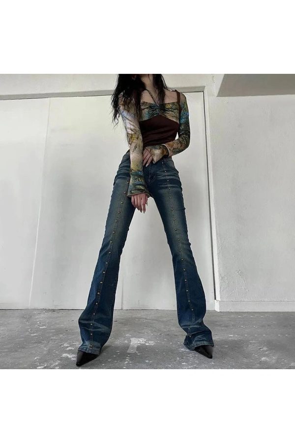 Stellar Studded Flare Jeans: Y2K Fashion Meets 90s Grunge Aesthetic