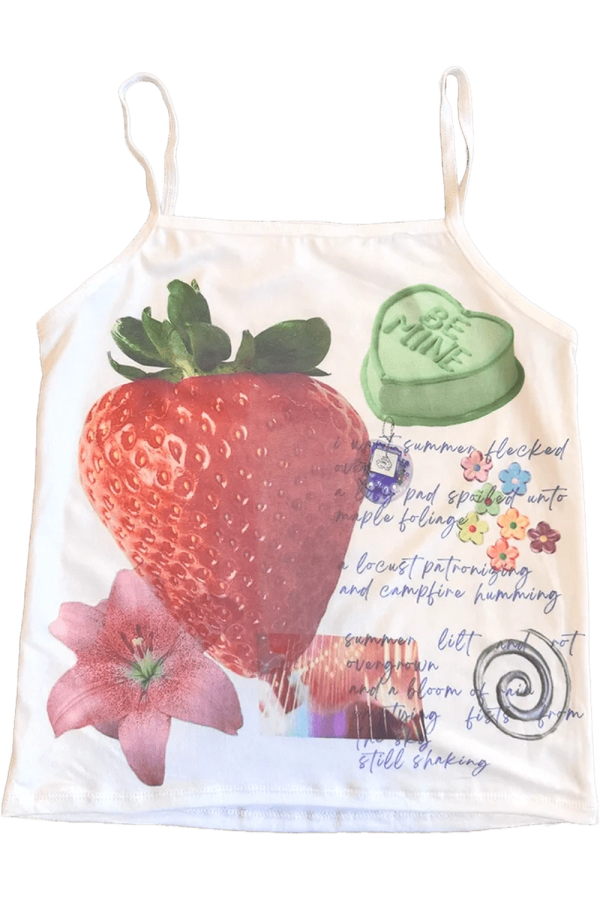 Strawberry Dreams Y2K Aesthetic Collage Top for Trendy Summer Outfits