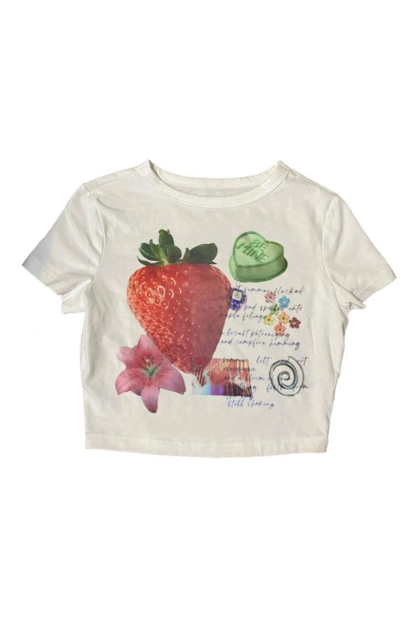 Strawberry Dreams Y2K Aesthetic Collage Top for Trendy Summer Outfits