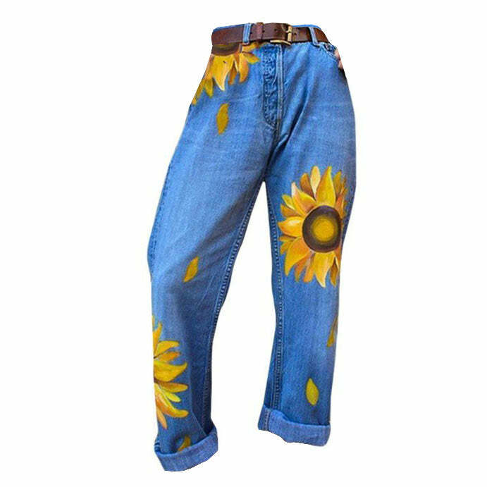 Sunflower Print Mom Jeans: Trendy Y2K Fashion for Effortless Style