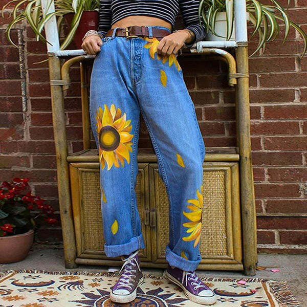 Sunflower Print Mom Jeans: Trendy Y2K Fashion for Effortless Style