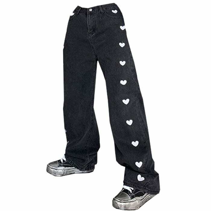 Trendy Black Hearts Baggy Jeans for Y2K Fashion & Grunge Aesthetic