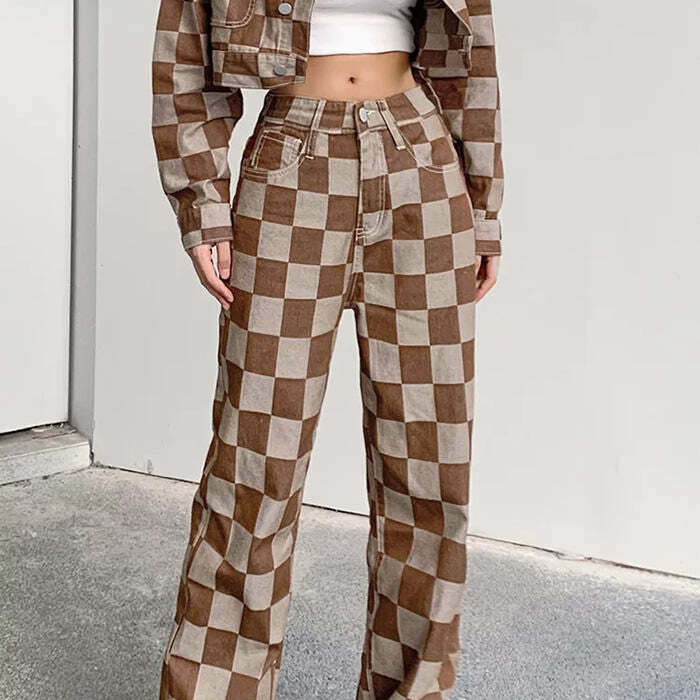 Trendy Brown Checkered Cargo Pants for Y2K and 90s Fashion Lovers