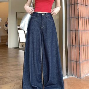 Trendy Dark Wash Wide-Leg Jeans for Y2K and 90s Fashion Lovers