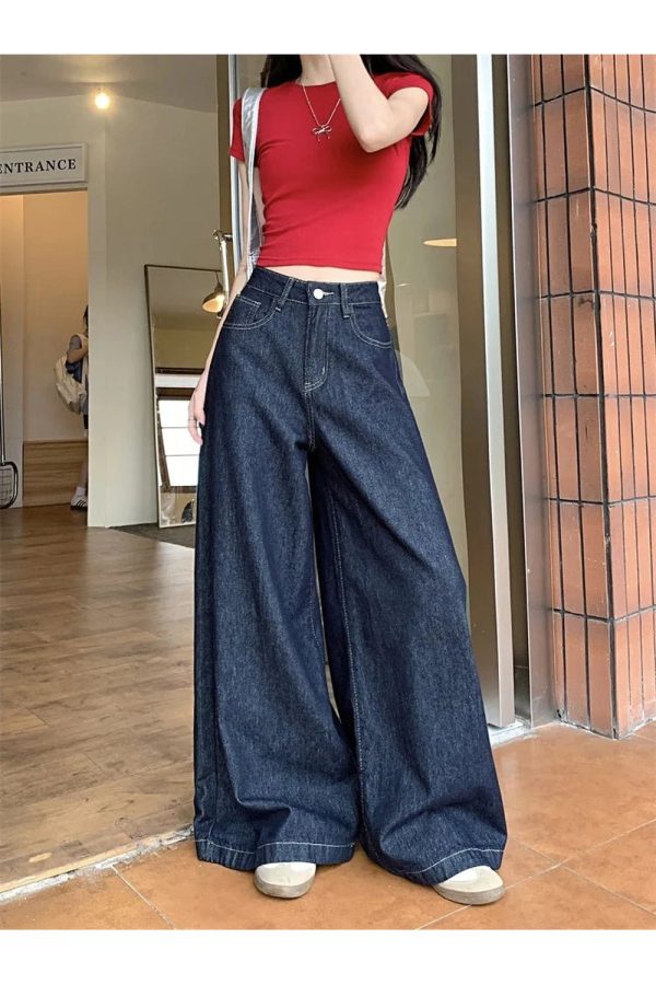 Trendy Dark Wash Wide-Leg Jeans for Y2K and 90s Fashion Lovers