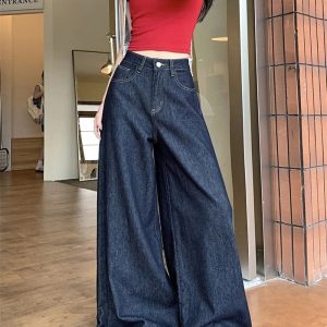 Trendy Dark Wash Wide-Leg Jeans for Y2K and 90s Fashion Lovers