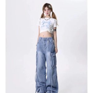 Trendy Extreme Wide-Leg Cargo Jeans for Y2K and 90s Fashion Lovers